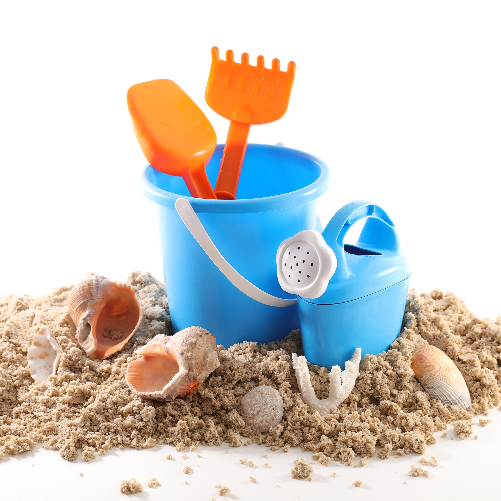 Beach Toys, Sand Bucket, Shovel & Rack.